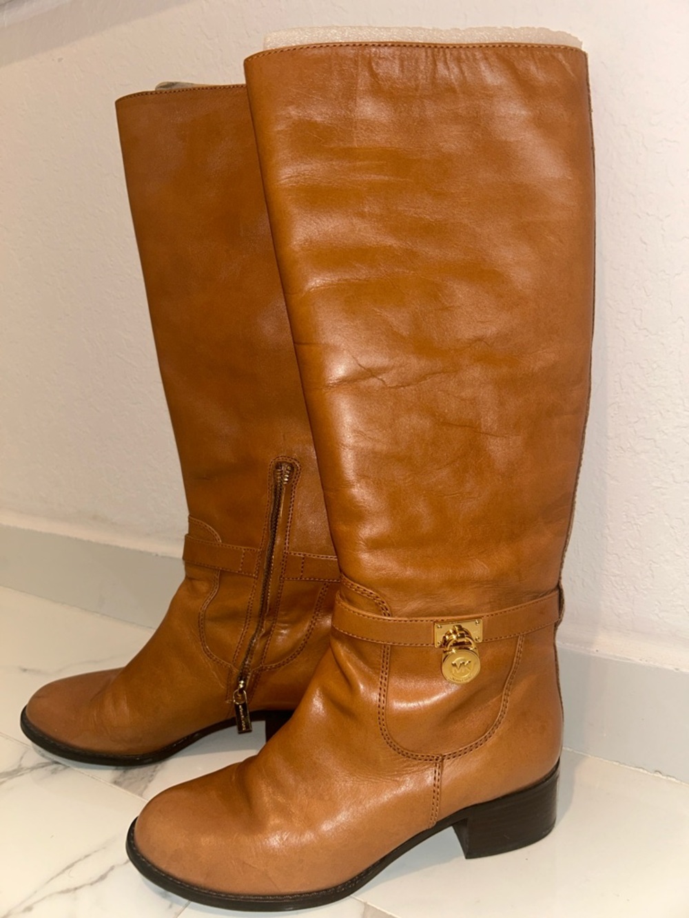 Michael Kors Tan Leather Over-the-Knee Boots with Gold-Tone Charm